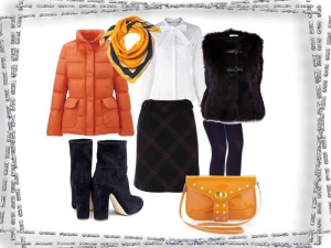 Яркий зимний сет: оранжевый пуховик, юбка в клетку и меховая жилетка
