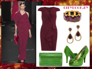 Новогодний сет: бордовое платье с аксессуарами лаймового цвета