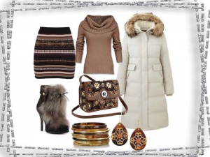 Зимний сет в этно стиле: длинный пуховик и короткая шерстяная юбка