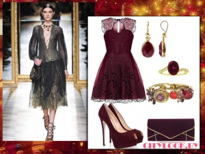 Новогодний сет: кружевное платье темно-бордового цвета