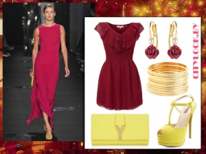 Новогодний сет: платье с воланами цвета бургунд и аксессуары лимонного оттенка